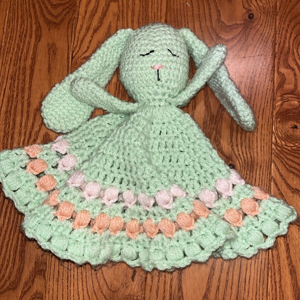 Handmade crocheted bunny baby security blanket